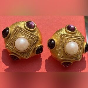 Vintage Natasha Stambouli 24k  Gold Plated Semi Precious Stone Statement Earring